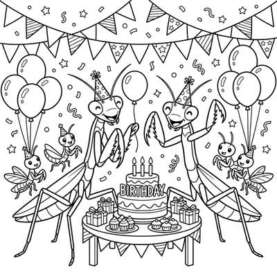 Celebrate a unique birthday with our Praying Mantis Birthday Party coloring page! Adorable mantises don party hats and gather around a cake, ready for your creative touch.
