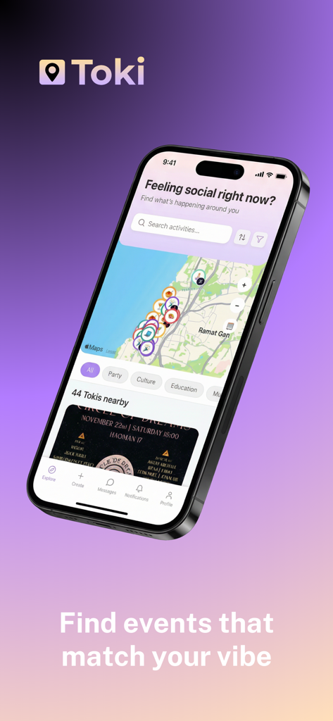 iPhone showing the Toki Social Map app interface with a real-time map of local events and a vibe filter