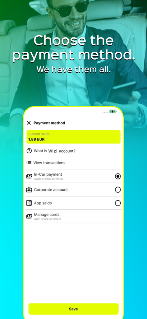 Wizi app interface showing multiple payment methods including in-car cash corporate account and app balance