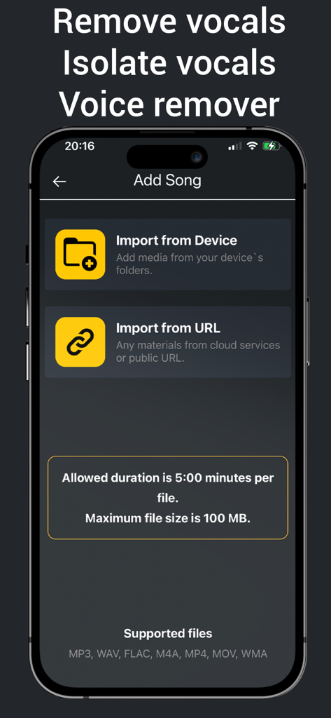 Vocal Remover, Audio Extractor - ボーカル削除のためにデバイスまたはURLから曲をインポートするオプションを表示するRevoicersアプリのモバイルインターフェース。