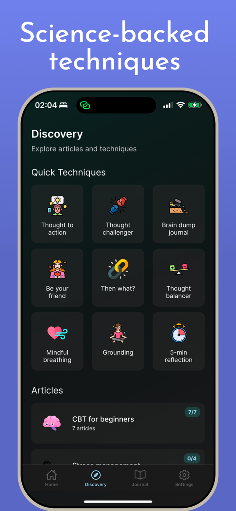 CBT for Beginners - Discovery screen of the CBT for Beginners app displaying quick science-backed techniques like mindful breathing and grounding along with educational articles.