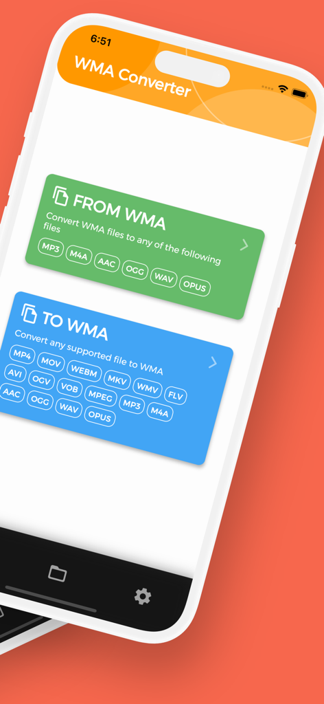 Hauptbildschirm der WMA Converter App mit Optionen zur Konvertierung von Dateien von WMA in MP3 und andere Formate