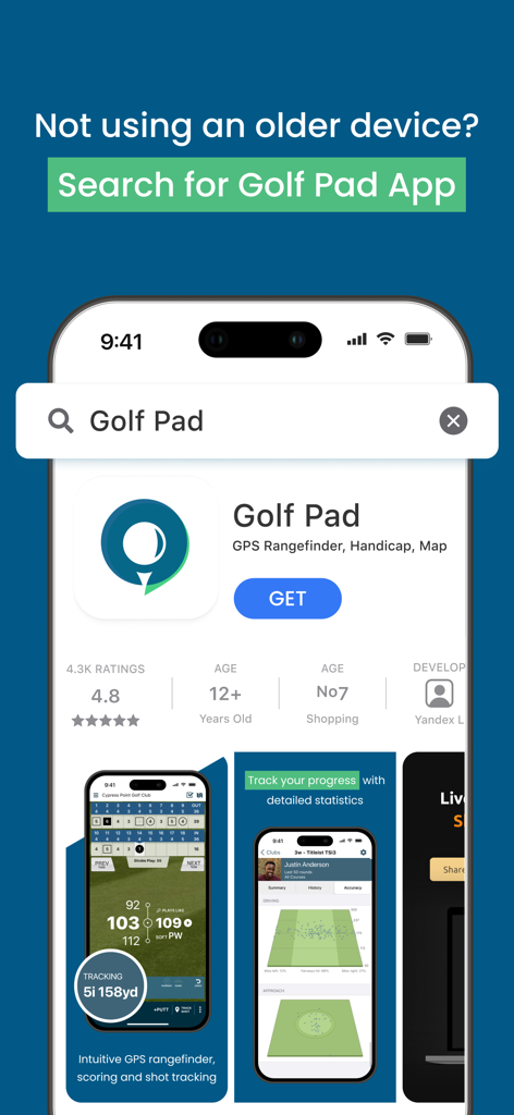 Golf Pad GPS Rangefinderアプリが評価と機能ハイライトとともに表示されているApp Store検索ページ