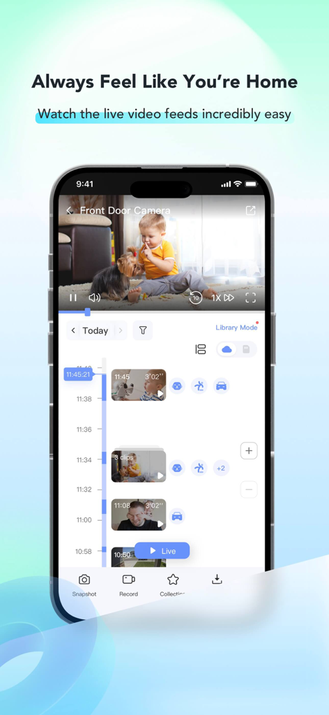 L'application pour smartphone EZVIZ affiche le flux vidéo en direct d'une caméra de sécurité filmant un enfant et un animal domestique, avec une chronologie des clips vidéo.