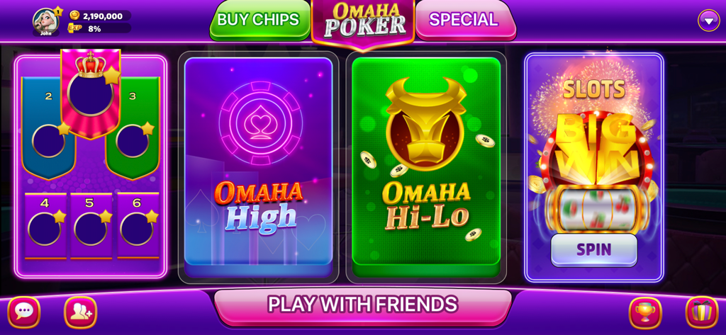 オマハハイとオマハハイローのゲームモードを表示するオマハポーカー無制限プレイアプリのメインメニュー