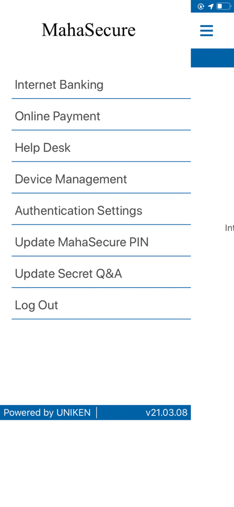 MahaSecure - MahaSecure mobile app menu interface showing banking and security settings