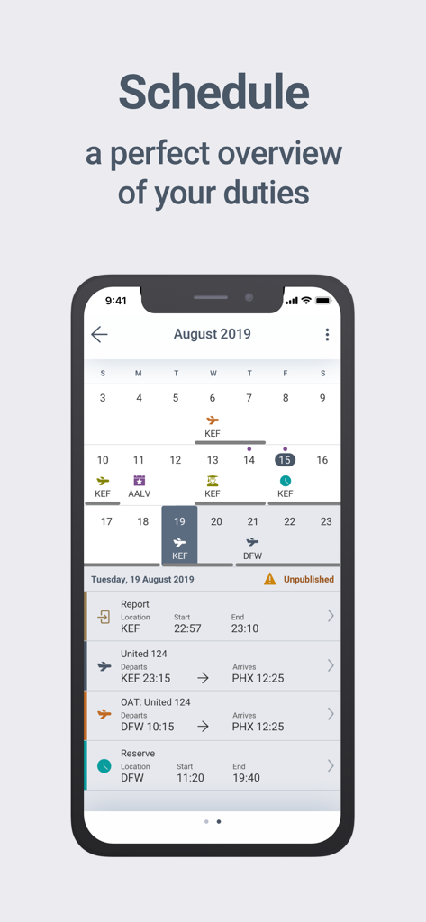 Crew Access Mobile - A smartphone displaying the CAE Crew Access Mobile app with a monthly calendar and detailed daily flight duty schedule.