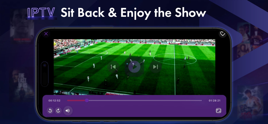 OTT Nav Tivimain IPTV Smarters - An iPhone displaying a live soccer match on a sleek purple IPTV player interface with the text Sit Back and Enjoy the Show