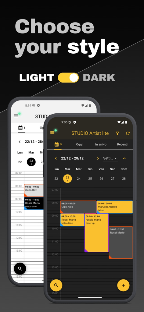 Side-by-side comparison of light and dark mode themes for the STUDIO Artist tattoo studio calendar