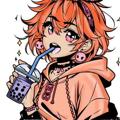 hot baddie anime girl drinking boba and biting the straw