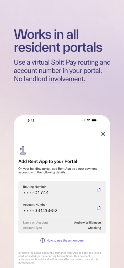 Split Pay by Rent App - Uma interface móvel mostrando detalhes de banco virtual para integração de portal de residente.