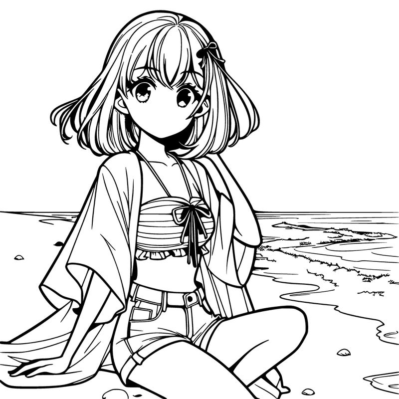 manga girl posing at the beach