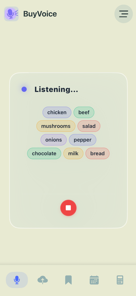 Voice Shopping list - BuyVoice mobile app showing voice activated shopping list with grocery items appearing on screen