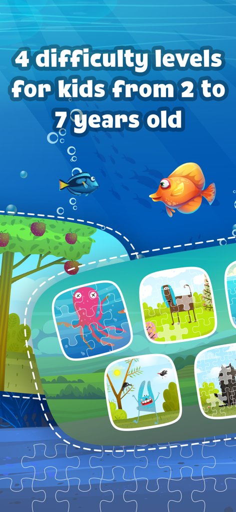 Kidify: Puzzle Games for Kids - Interface showing puzzle game options with four difficulty levels for children aged two to seven