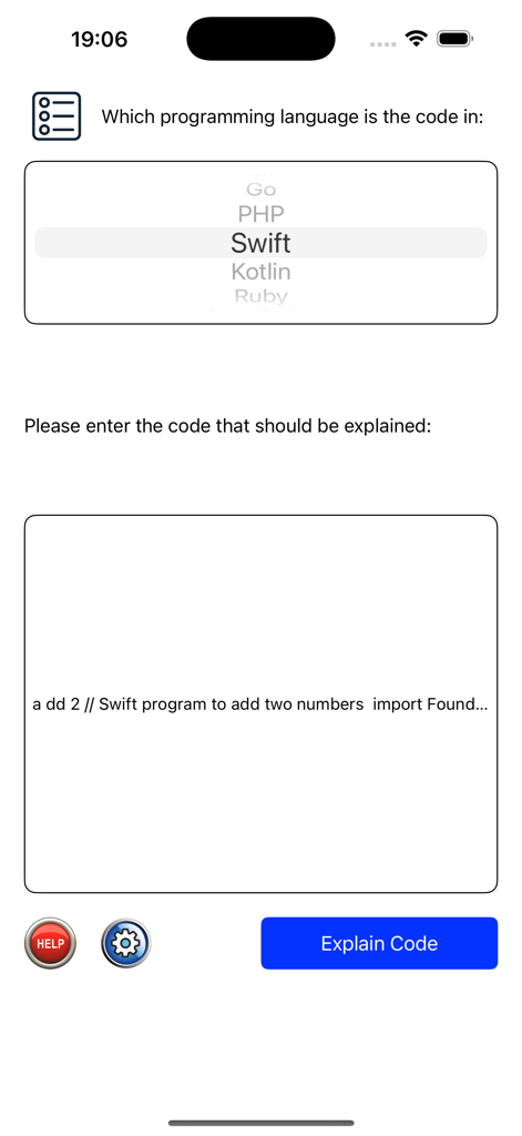 Developer-PRO - Developer-PRO app interface for explaining Swift code using AI.