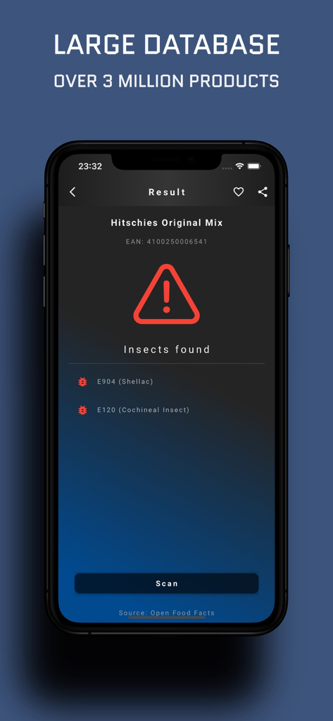 Insect Food Scanner - Bildschirm der mobilen App, der ein Scan-Ergebnis für Hitschies Original Mix mit einer Warnung zeigt, dass Insekten wie Karmesin und Schellack gefunden wurden