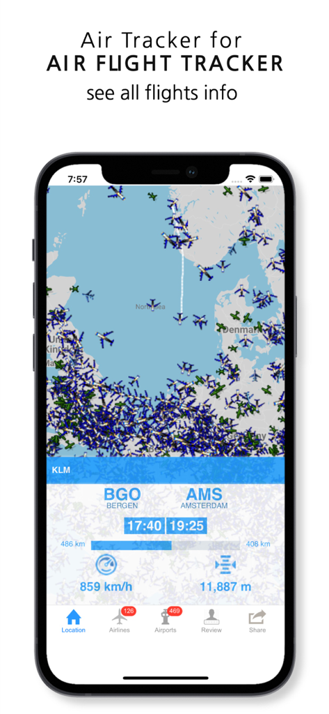 Air Flight Tracker - Screenshot of Air Flight Tracker app showing real-time aircraft positions on a map and specific flight data for a KLM flight