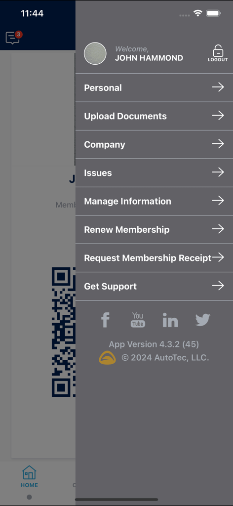 Side navigation menu of the AuctionACCESS Mobile app showing account management options for a user named John Hammond