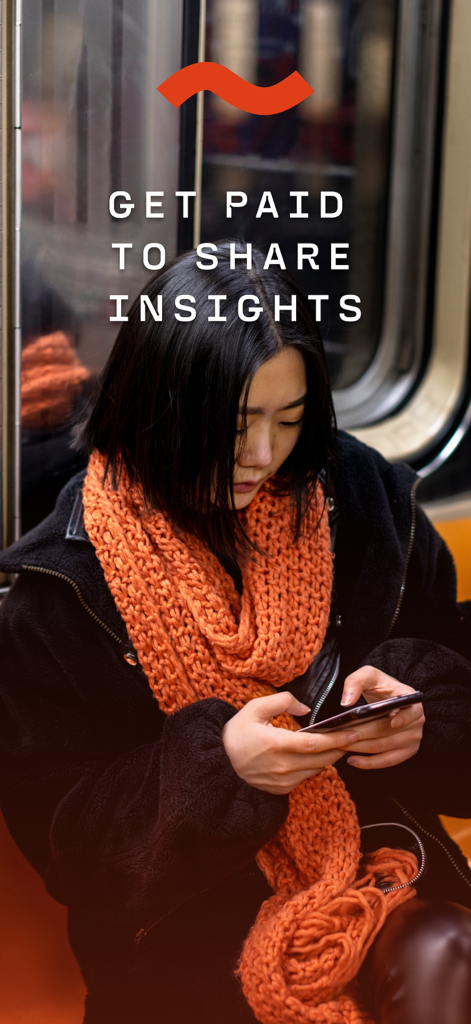 PEIRA - Participate & Get Paid - A young woman using the PEIRA app on a train with text saying Get Paid To Share Insights.