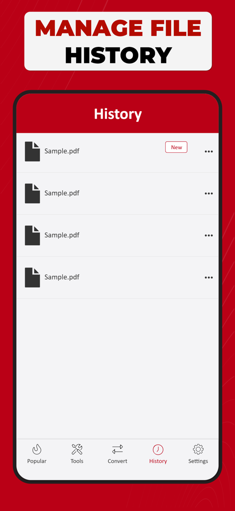 PDF Converter: Photo to PDF ! - Mobile app screen showing the file history management with a list of converted PDF documents.