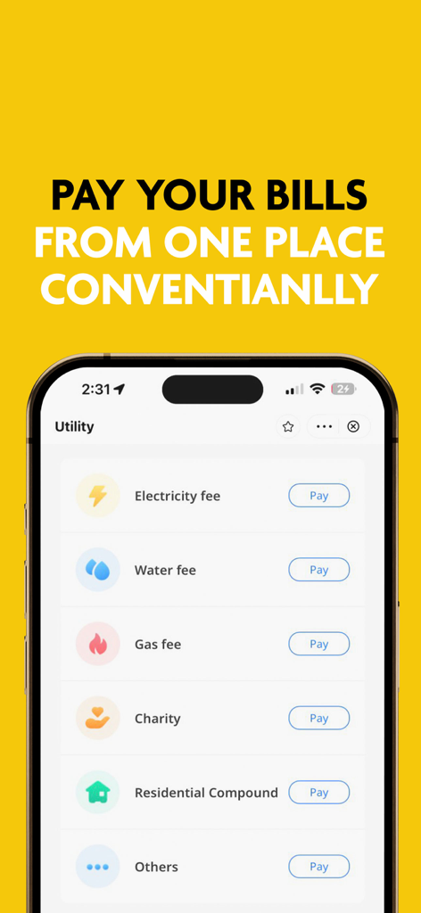 SuperQi mobile app screen displaying utility bill payment options for electricity water and gas