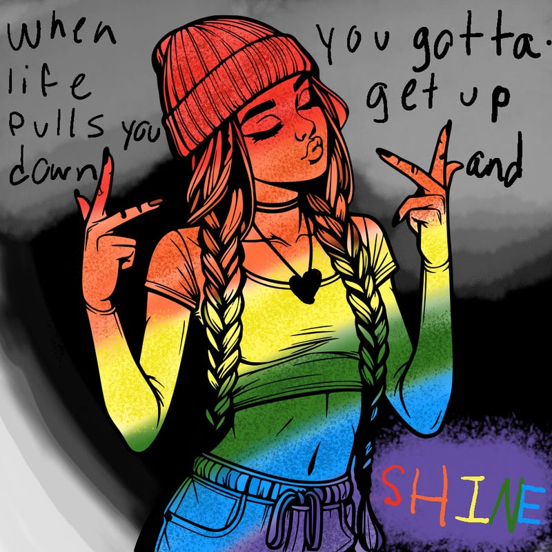 realistic teenage girl with braids and a beanie and crop top doing 🫶🏼