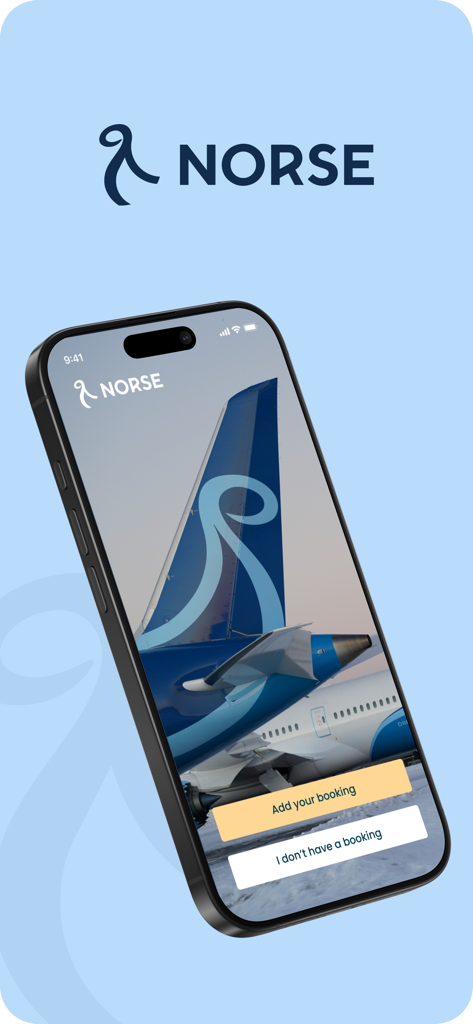 Norse Atlantic Airways mobile app welcome screen on an iPhone showing options to add or start a booking
