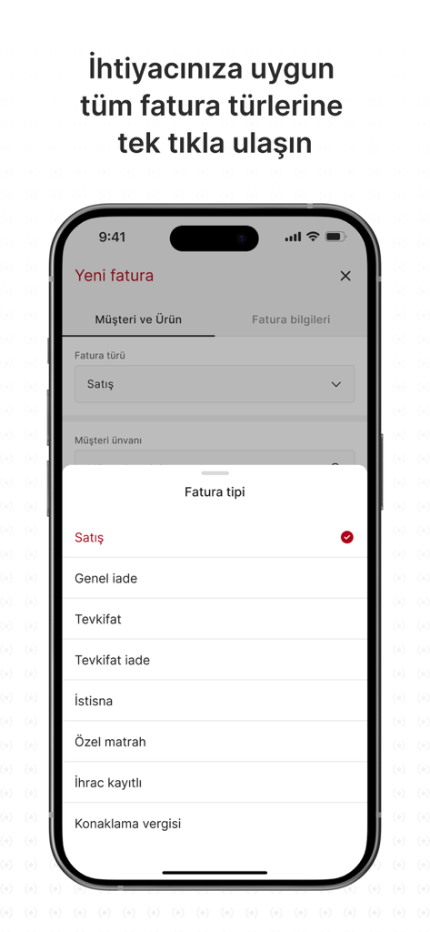 e-Arşiv Fatura Portal - Mobile app interface showing a list of invoice types in the e-Arsiv Fatura Portal application