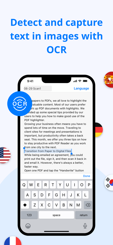 PDF Reader - Editor & Viewer - KDAN PDF app interface demonstrating OCR text recognition and capture on an iPhone