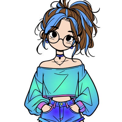 girl with a messy ponytail glasses a baggy crop top and jean shorts