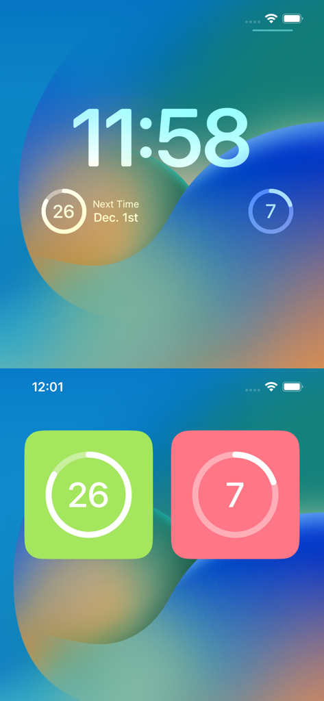iPhone 잠금 화면 및 홈 화면의 Easy Period 앱 위젯
