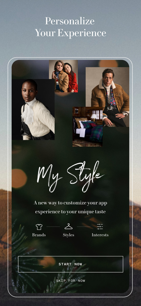 Ralph Lauren app personalization screen titled My Style featuring a quiz to customize shopping preferences by brands styles and interests