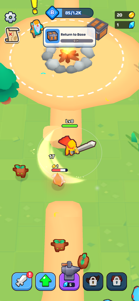 XP Hero - Un héros bonhomme bâton jaune avec une cape rouge manie une grande épée contre des monstres d'arbre dans un champ vert dans l'interface du jeu XP Hero