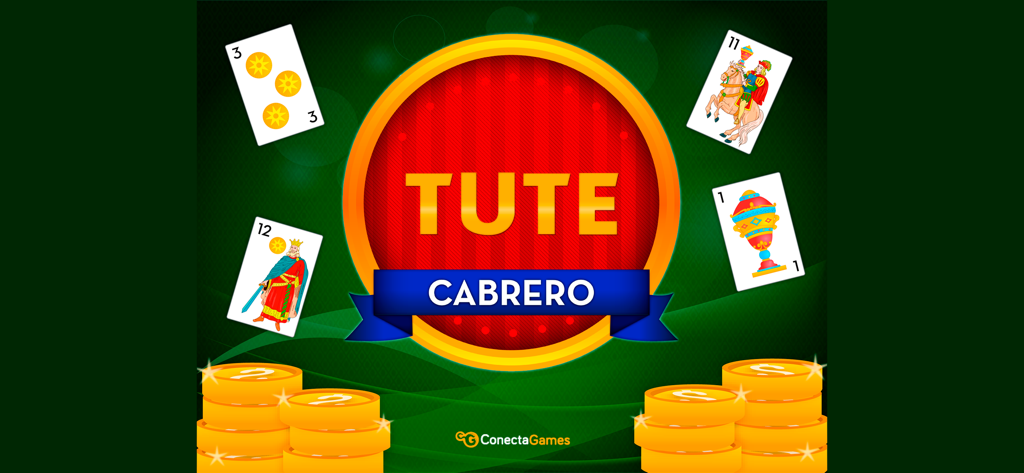 Tute Cabrero game logo with Spanish deck cards and gold coins on a green background