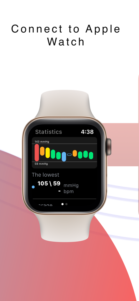 Blood Pressure H plus app interface displayed on an Apple Watch showing health statistics and bar charts