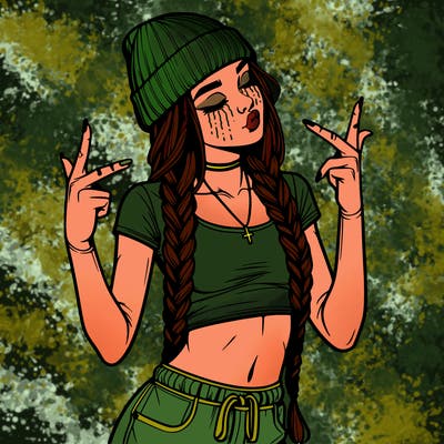 realistic teenage girl with braids and a beanie and crop top doing 🫶🏼