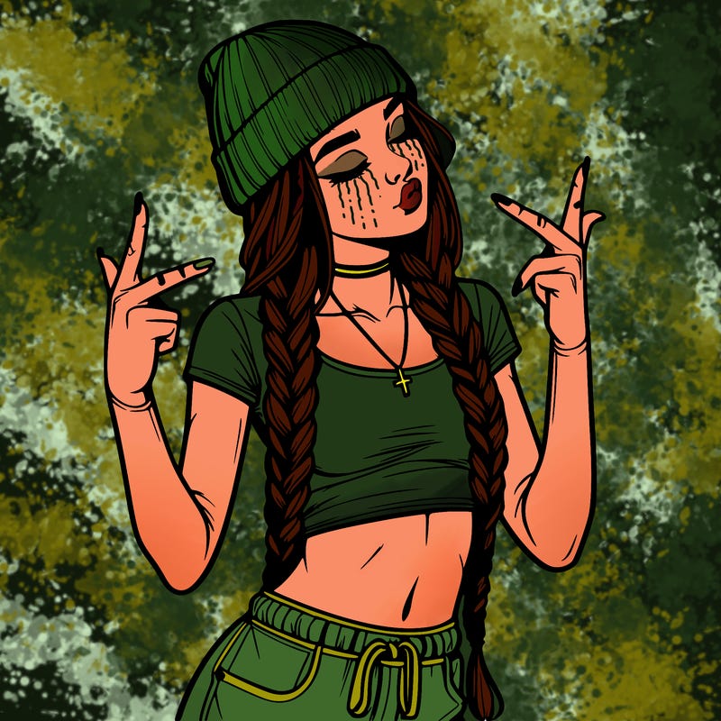 realistic teenage girl with braids and a beanie and crop top doing 🫶🏼