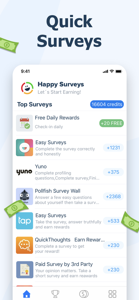 Happy Surveys – Easy Cash App - Happy Surveys app screen showing a list of surveys and credit rewards