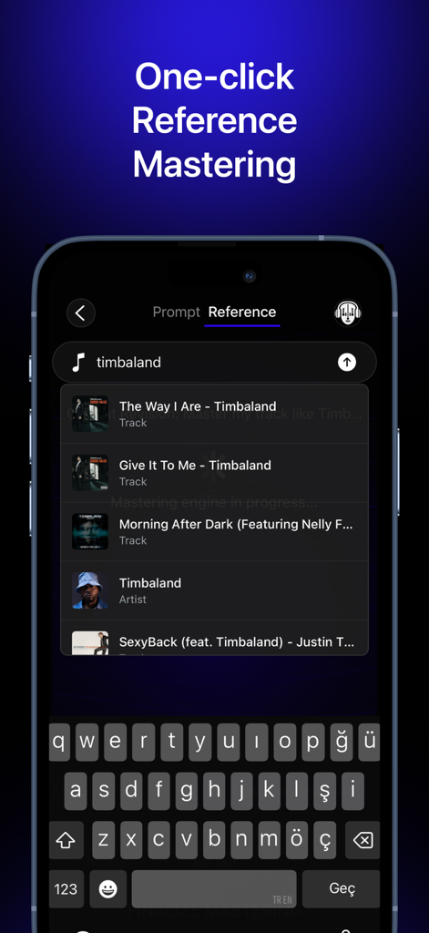 Audio Mastering - SoundBoost - Smartphone screen showing a search for Timbaland tracks to use as a reference for AI audio mastering