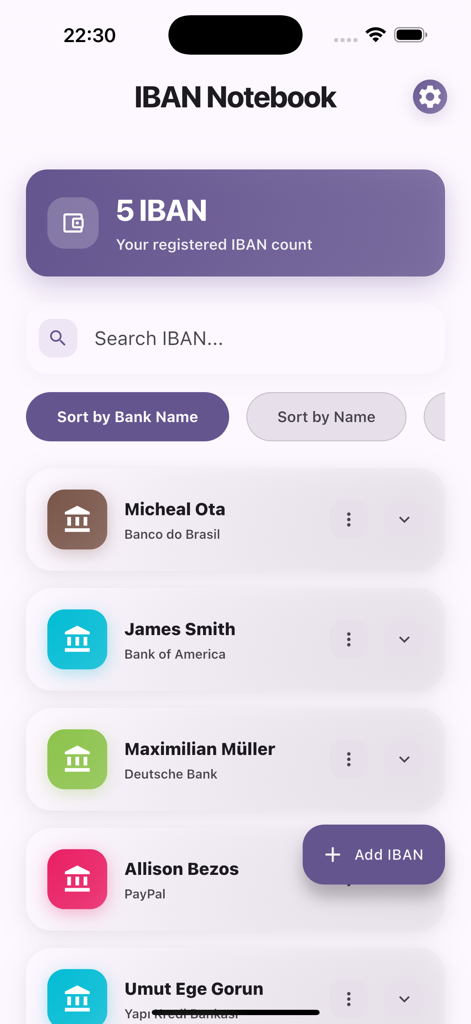 IBAN List - Vista del panel de control de la aplicación Lista IBAN que muestra una lista de cuentas bancarias guardadas con opciones de búsqueda y ordenación