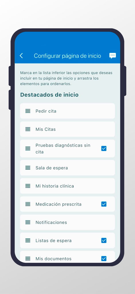 Interfaz para personalizar la pantalla de inicio en la aplicación IMED Hospitales