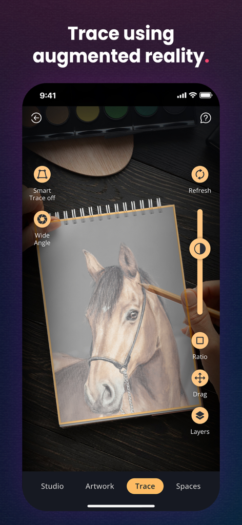 Cupixel: AR Tracing & Classes - A smartphone interface showing the Cupixel app being used to trace a horse onto paper with augmented reality