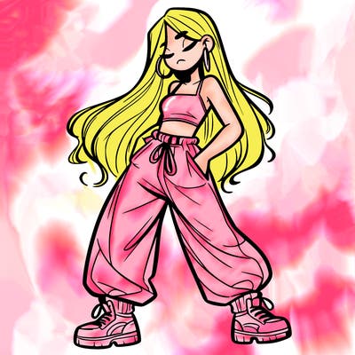 girl in baggy pants crop top and long hair