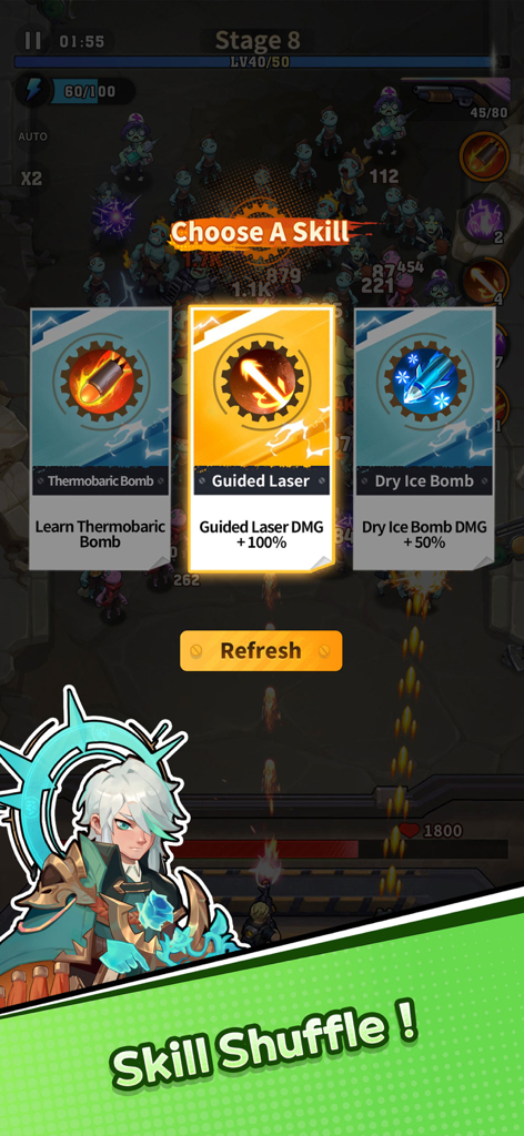 BangBang Survivor - BangBang Survivor skill selection screen showing random power up options during a zombie battle