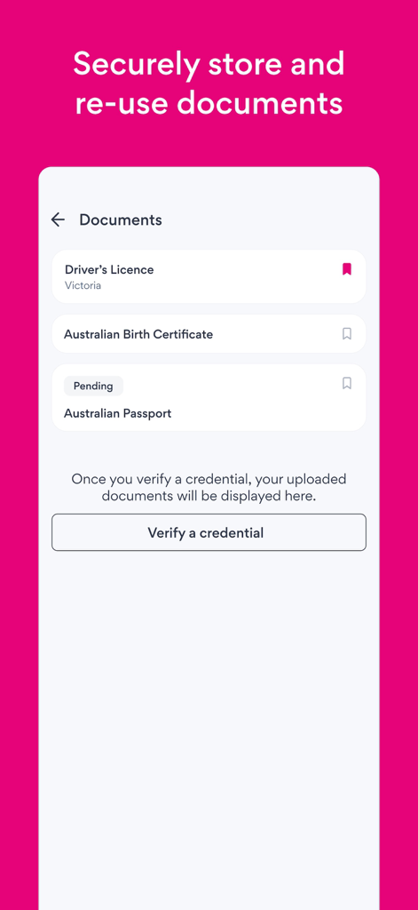 SEEK Pass - SEEK Passモバイルアプリのインターフェースに、運転免許証や出生証明書などの検証済み文書のリストが表示されている