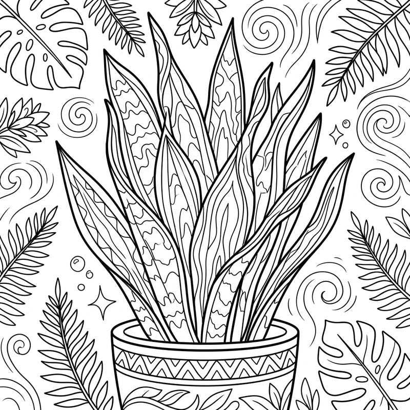 Dive into the serene world of nature with this intricate snake plant succulent coloring page. Its unique patterns and surrounding botanical elements offer a truly engaging creative escape.