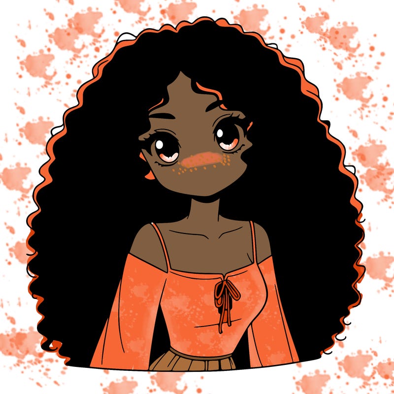 a black anime girl with long afro hair