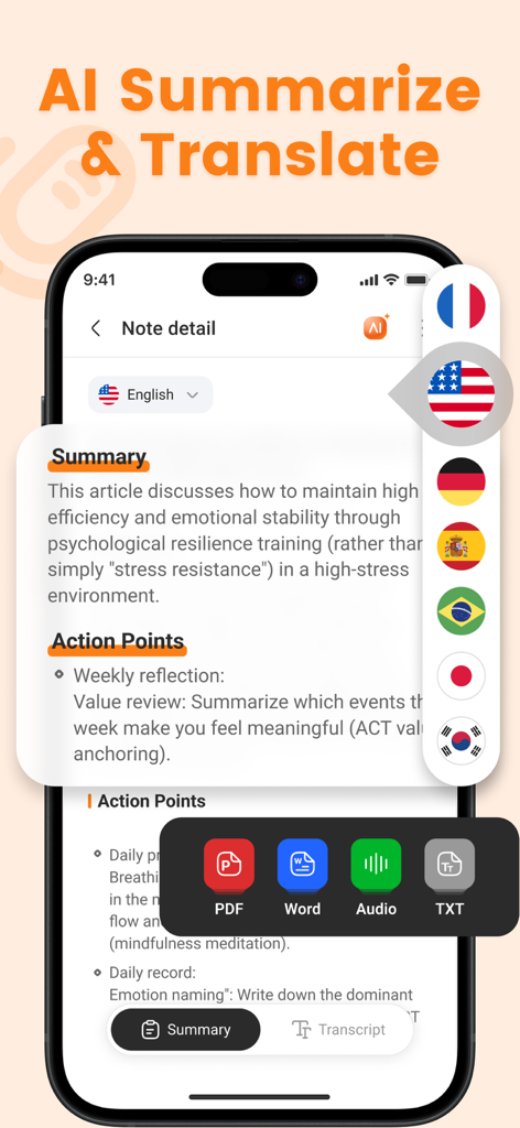 Note AI: Voice AI Transcribe - Interfaz de la aplicación móvil que muestra el resumen generado por IA, los puntos de acción y un menú de traducción con varias banderas de países para archivos PDF, Word y de audio.