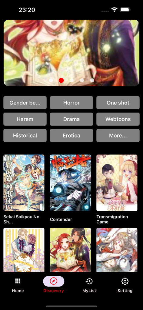 Écran de découverte de l'application Manga Fire montrant des catégories de genres et une grille de couvertures de manga en mode sombre.