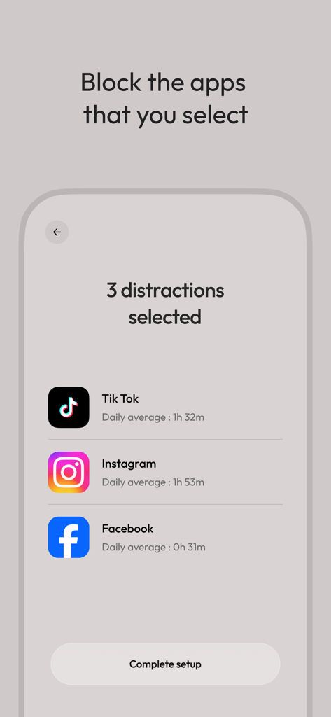 The Brick app setup screen showing TikTok, Instagram, and Facebook selected as distracting apps to be blocked for productivity.